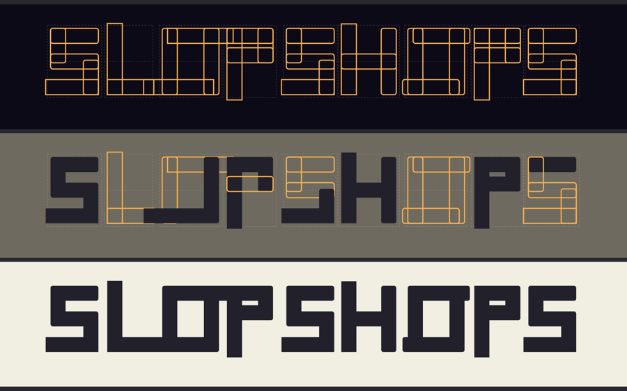 The Slopshops wordmark in three stages, from wireframe to finished letters